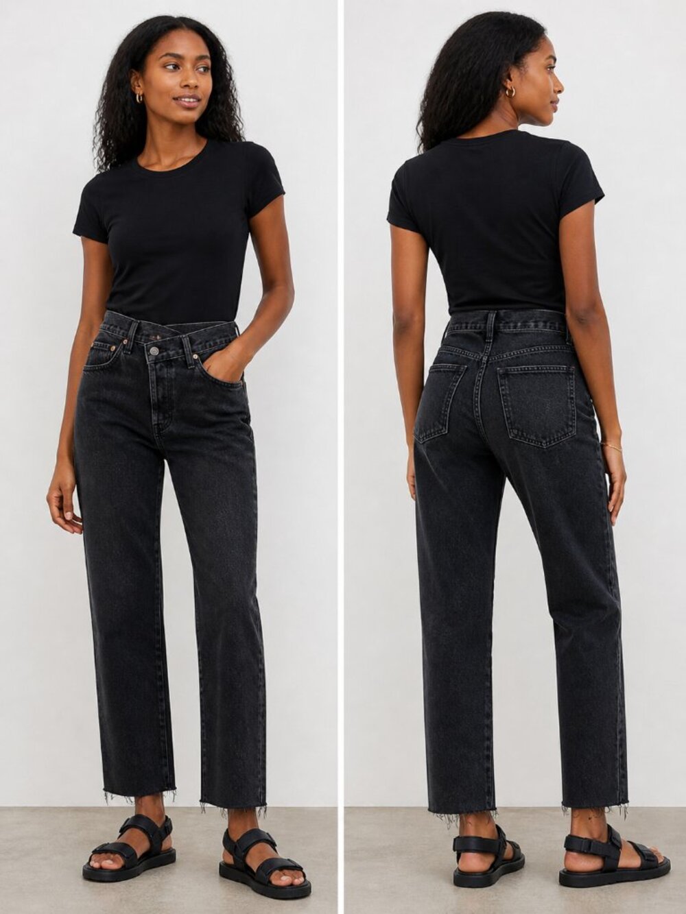 Agolde Criss Cross Jeans High Rise Raw Hem Straight Washed Black Shambles 31